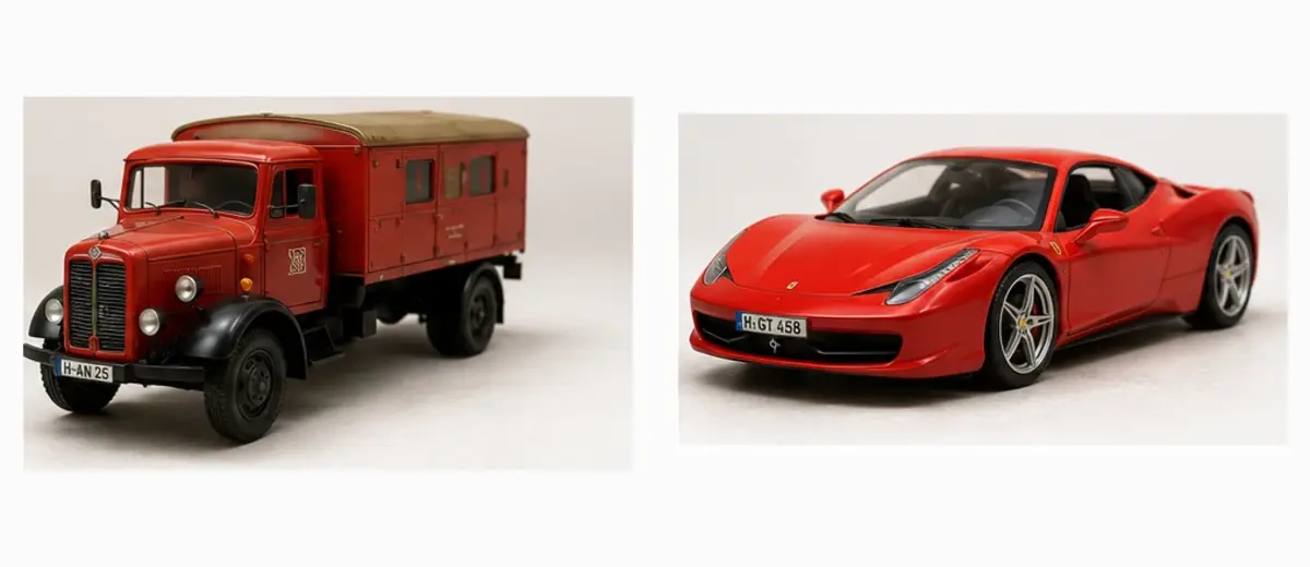 Modell-Lkw und rotes Modellauto